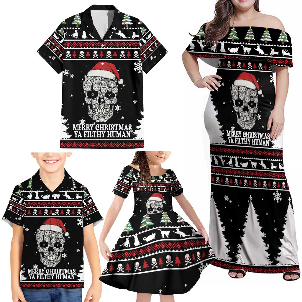 Cat Skull Santa Christmas Family Matching Off Shoulder Maxi Dress and Hawaiian Shirt Xmas Holiday Patterns - Wonder Print Shop