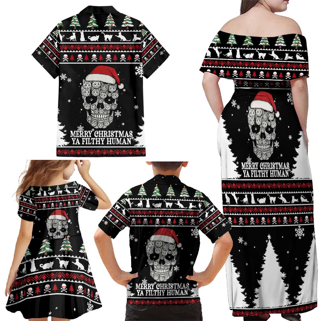 Cat Skull Santa Christmas Family Matching Off Shoulder Maxi Dress and Hawaiian Shirt Xmas Holiday Patterns - Wonder Print Shop
