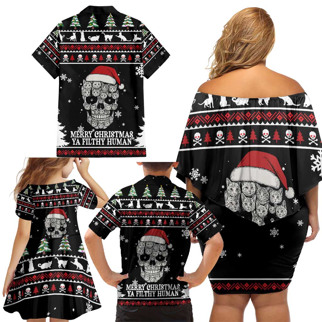 Cat Skull Santa Christmas Family Matching Off Shoulder Short Dress and Hawaiian Shirt Xmas Holiday Patterns - Wonder Print Shop