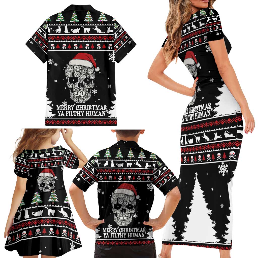 Cat Skull Santa Christmas Family Matching Short Sleeve Bodycon Dress and Hawaiian Shirt Xmas Holiday Patterns - Wonder Print Shop