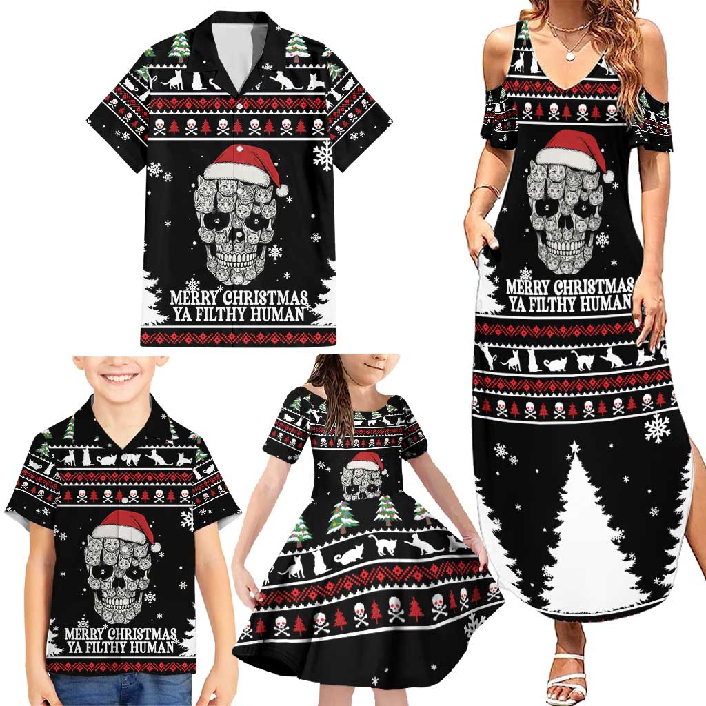 Cat Skull Santa Christmas Family Matching Summer Maxi Dress and Hawaiian Shirt Xmas Holiday Patterns - Wonder Print Shop
