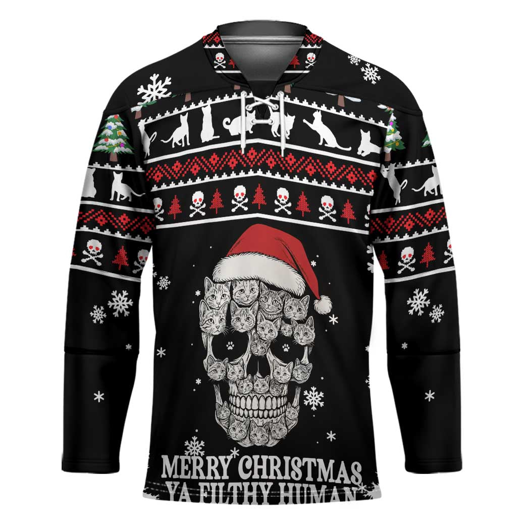 Cat Skull Santa Christmas Hockey Jersey Xmas Holiday Patterns - Wonder Print Shop
