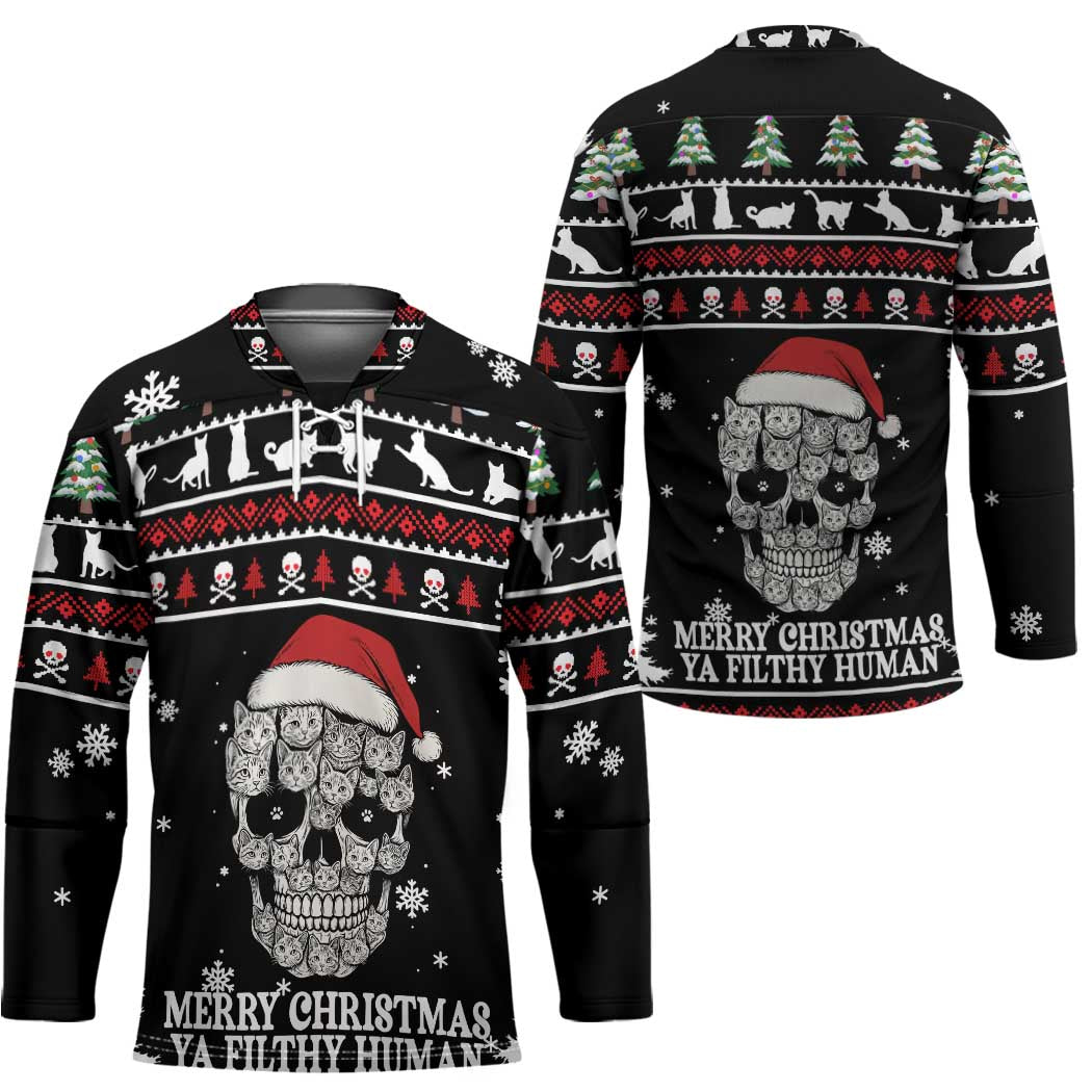Cat Skull Santa Christmas Hockey Jersey Xmas Holiday Patterns - Wonder Print Shop