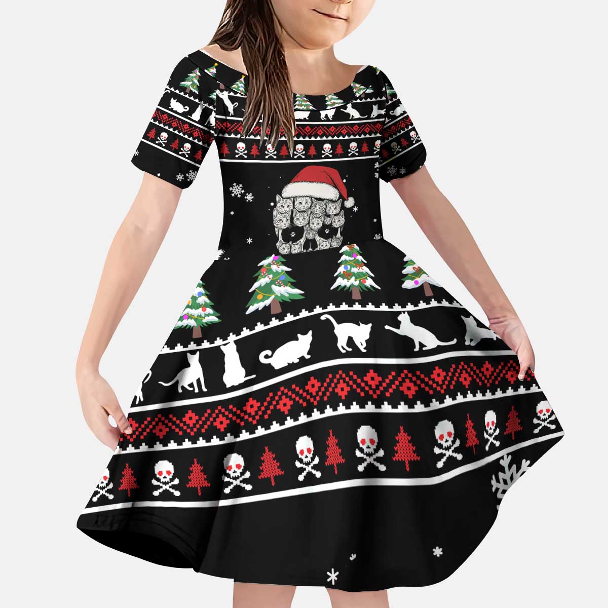 Cat Skull Santa Christmas Kid Short Sleeve Dress Xmas Holiday Patterns - Wonder Print Shop