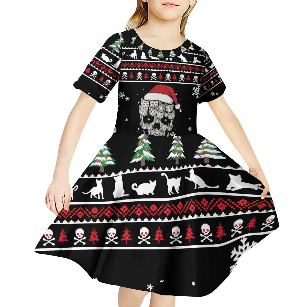 Cat Skull Santa Christmas Kid Short Sleeve Dress Xmas Holiday Patterns - Wonder Print Shop