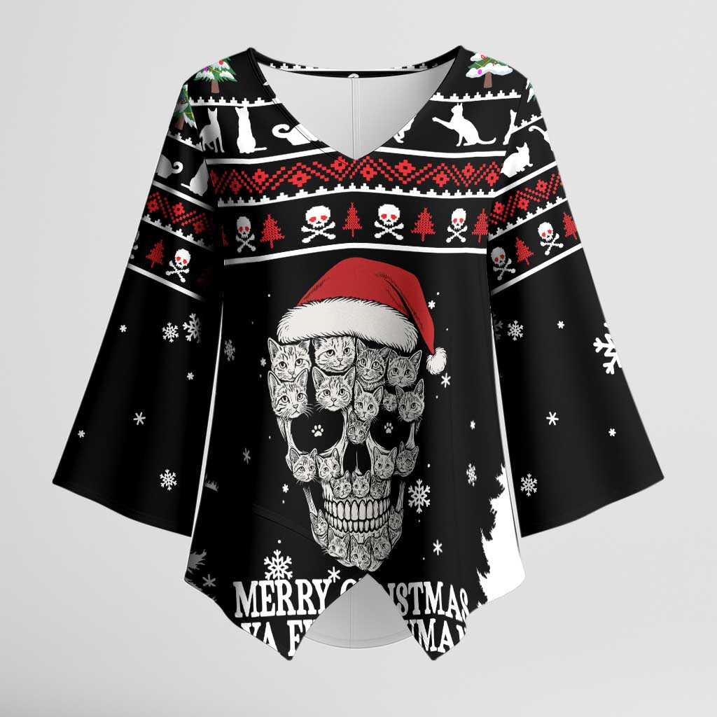 Cat Skull Santa Christmas Kimono Sleeve Blouse Xmas Holiday Patterns - Wonder Print Shop