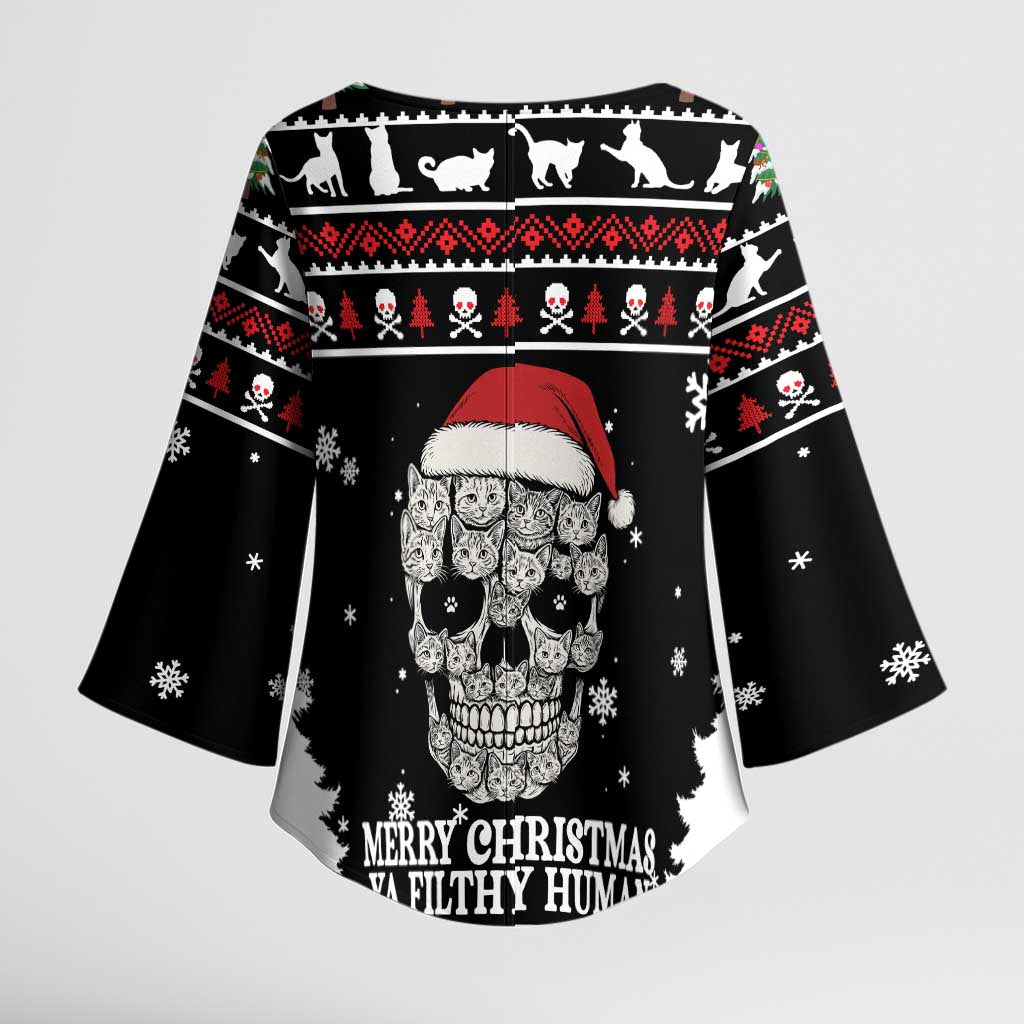 Cat Skull Santa Christmas Kimono Sleeve Blouse Xmas Holiday Patterns - Wonder Print Shop