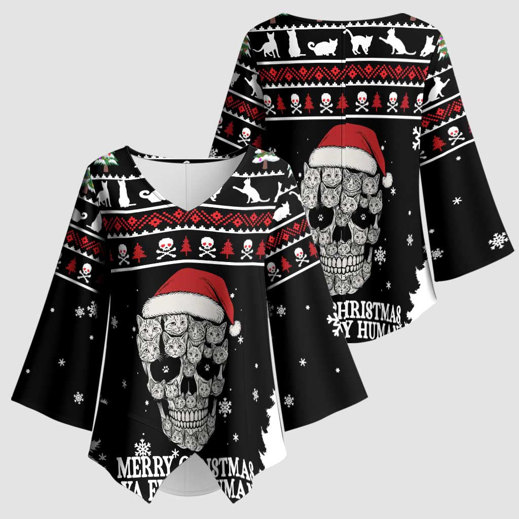 Cat Skull Santa Christmas Kimono Sleeve Blouse Xmas Holiday Patterns - Wonder Print Shop