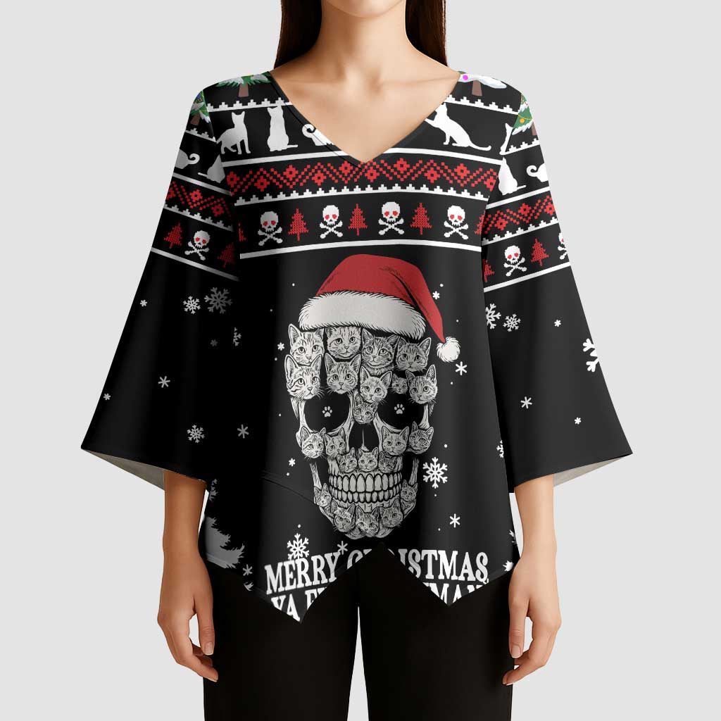 Cat Skull Santa Christmas Kimono Sleeve Blouse Xmas Holiday Patterns - Wonder Print Shop