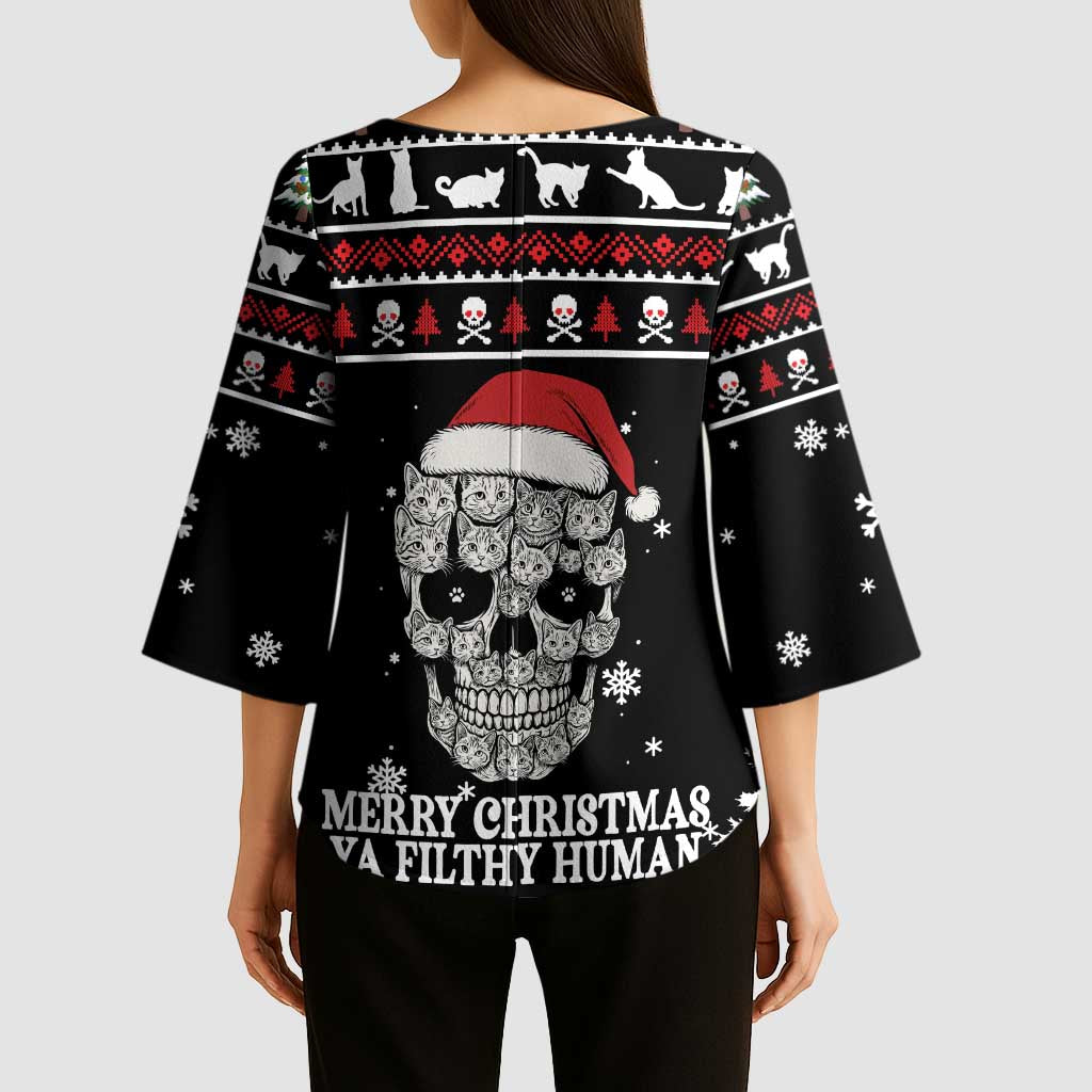 Cat Skull Santa Christmas Kimono Sleeve Blouse Xmas Holiday Patterns - Wonder Print Shop