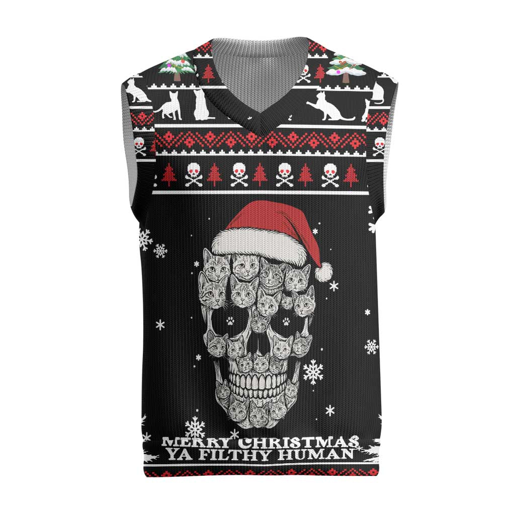Cat Skull Santa Christmas Knitted V-Neck Vest Xmas Holiday Patterns - Wonder Print Shop