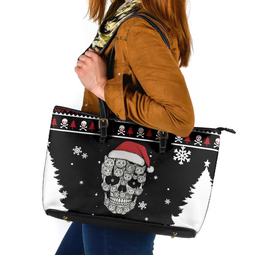 Cat Skull Santa Christmas Leather Tote Bag Xmas Holiday Patterns - Wonder Print Shop