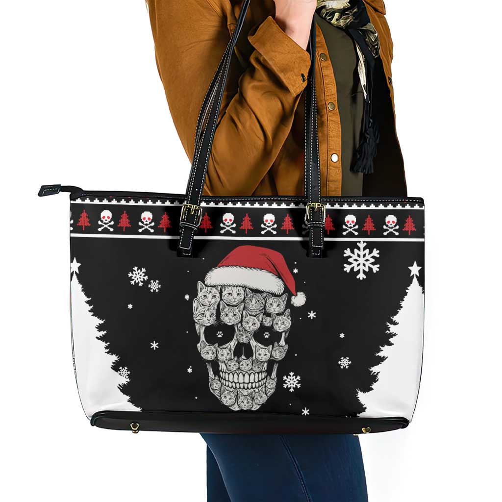 Cat Skull Santa Christmas Leather Tote Bag Xmas Holiday Patterns - Wonder Print Shop