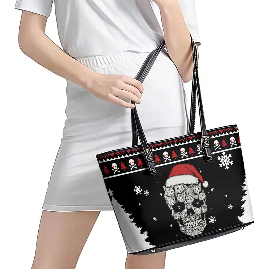 Cat Skull Santa Christmas Leather Tote Bag Xmas Holiday Patterns - Wonder Print Shop