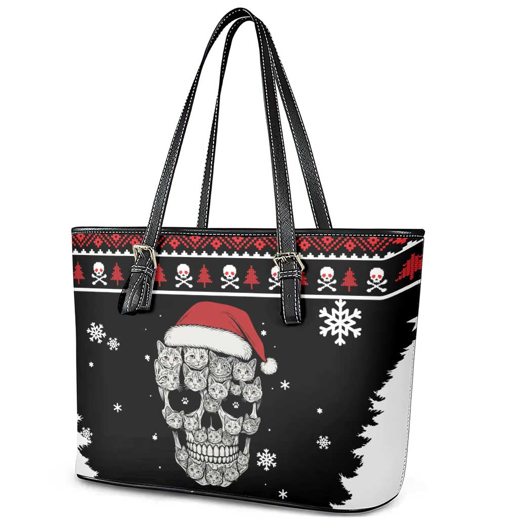 Cat Skull Santa Christmas Leather Tote Bag Xmas Holiday Patterns - Wonder Print Shop