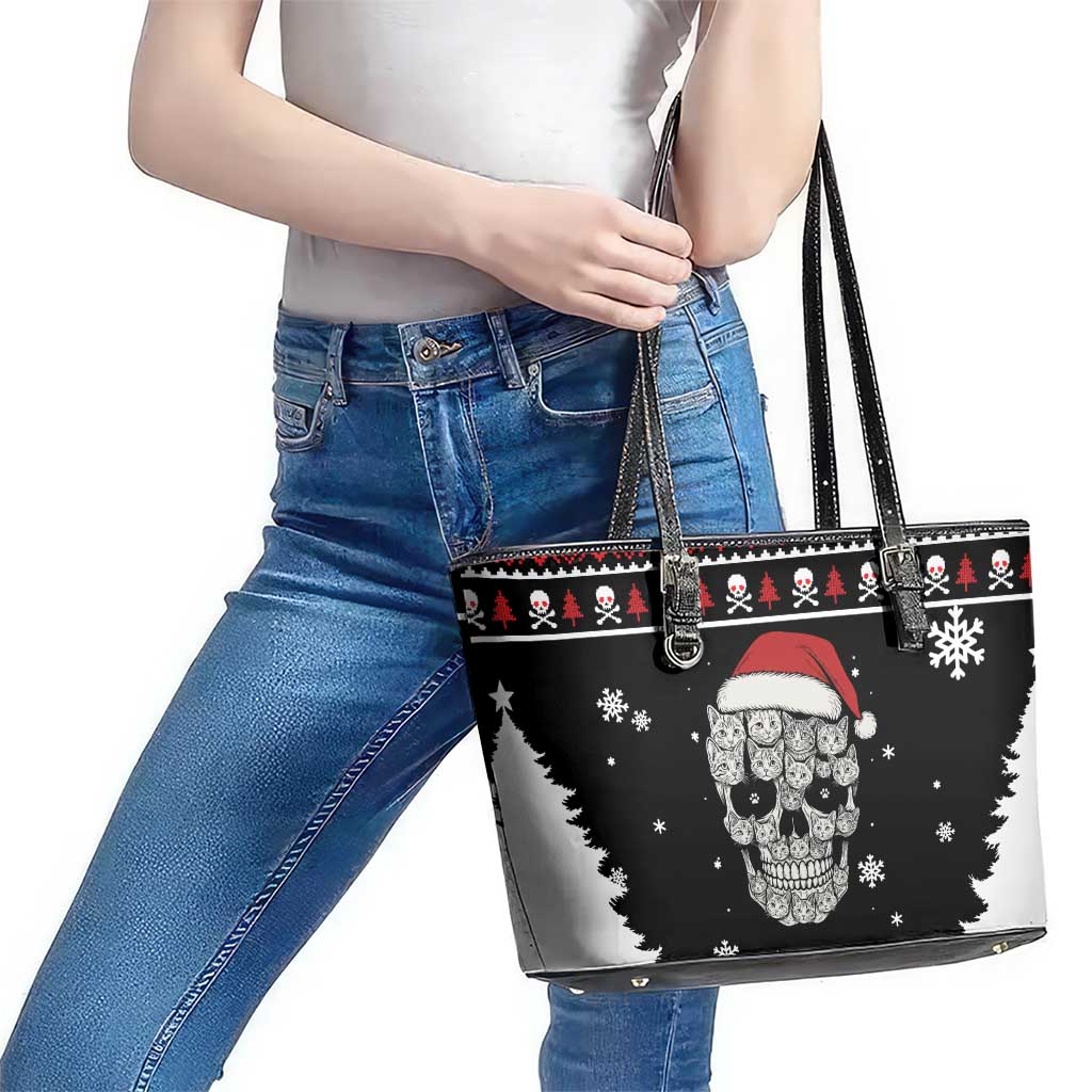 Cat Skull Santa Christmas Leather Tote Bag Xmas Holiday Patterns - Wonder Print Shop