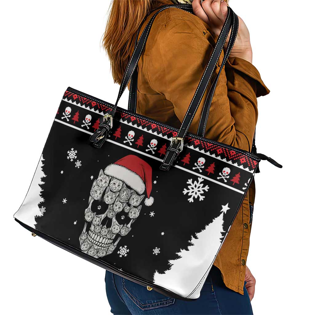 Cat Skull Santa Christmas Leather Tote Bag Xmas Holiday Patterns - Wonder Print Shop