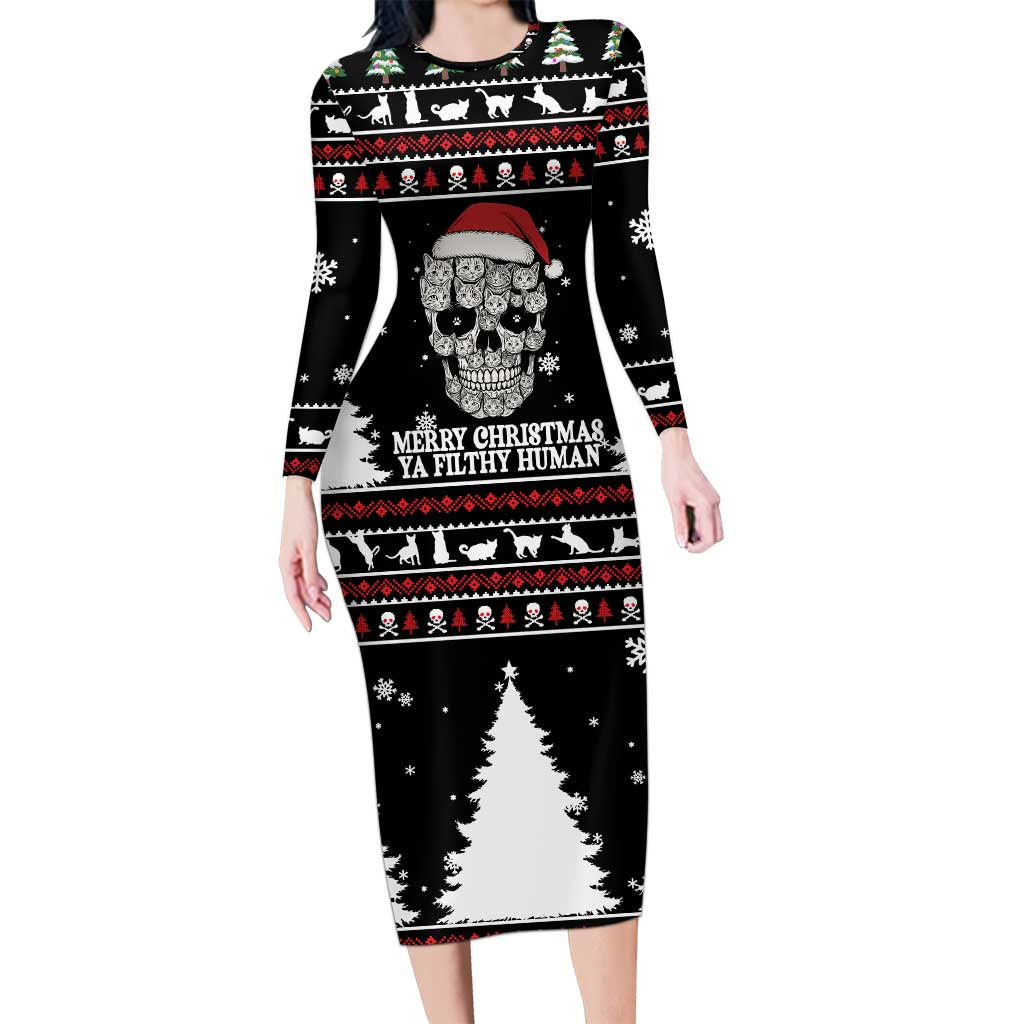 Cat Skull Santa Christmas Long Sleeve Bodycon Dress Xmas Holiday Patterns - Wonder Print Shop