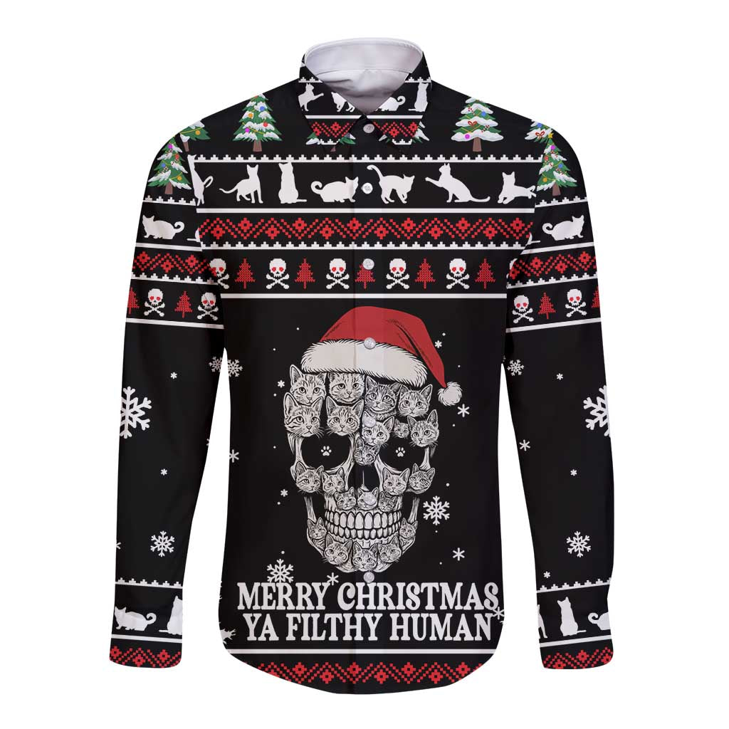 Cat Skull Santa Christmas Long Sleeve Button Shirt Xmas Holiday Patterns - Wonder Print Shop