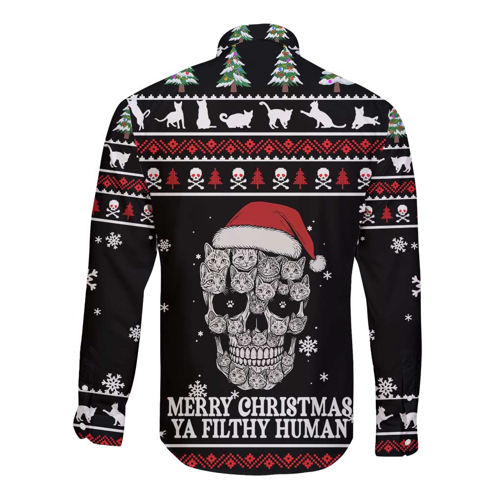 Cat Skull Santa Christmas Long Sleeve Button Shirt Xmas Holiday Patterns - Wonder Print Shop