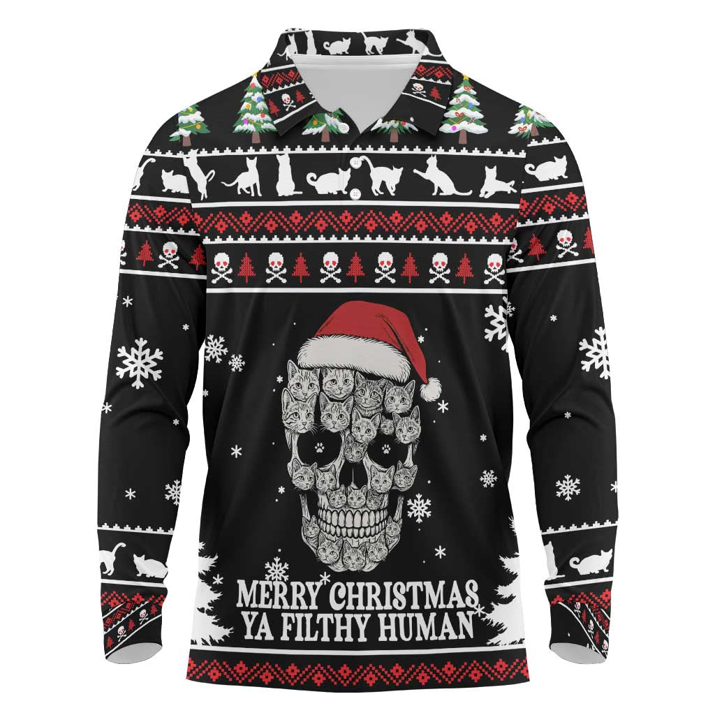 Cat Skull Santa Christmas Long Sleeve Polo Shirt Xmas Holiday Patterns - Wonder Print Shop