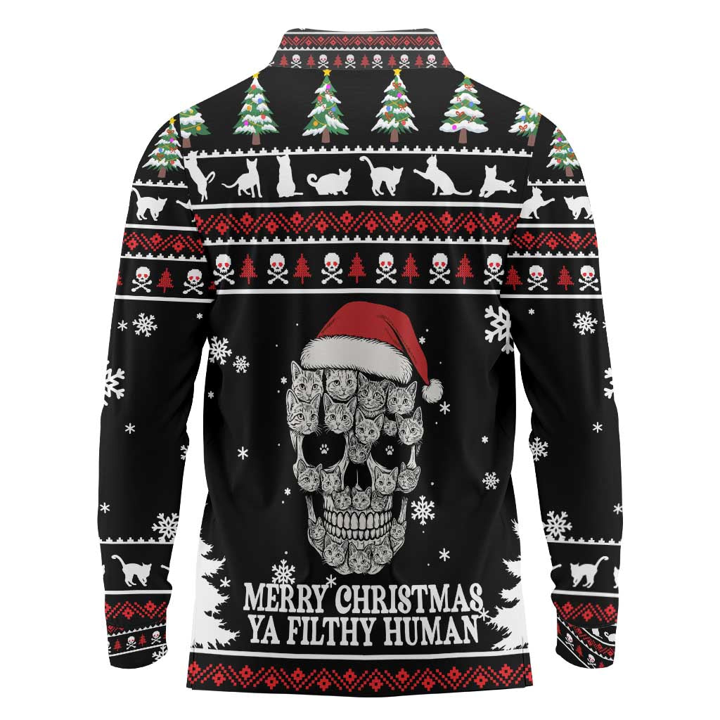 Cat Skull Santa Christmas Long Sleeve Polo Shirt Xmas Holiday Patterns - Wonder Print Shop