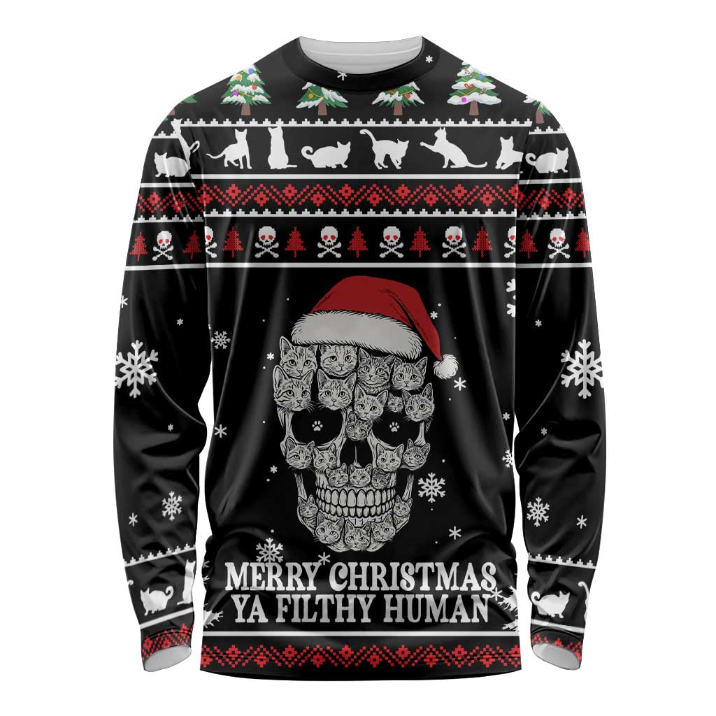 Cat Skull Santa Christmas Long Sleeve Shirt Xmas Holiday Patterns - Wonder Print Shop