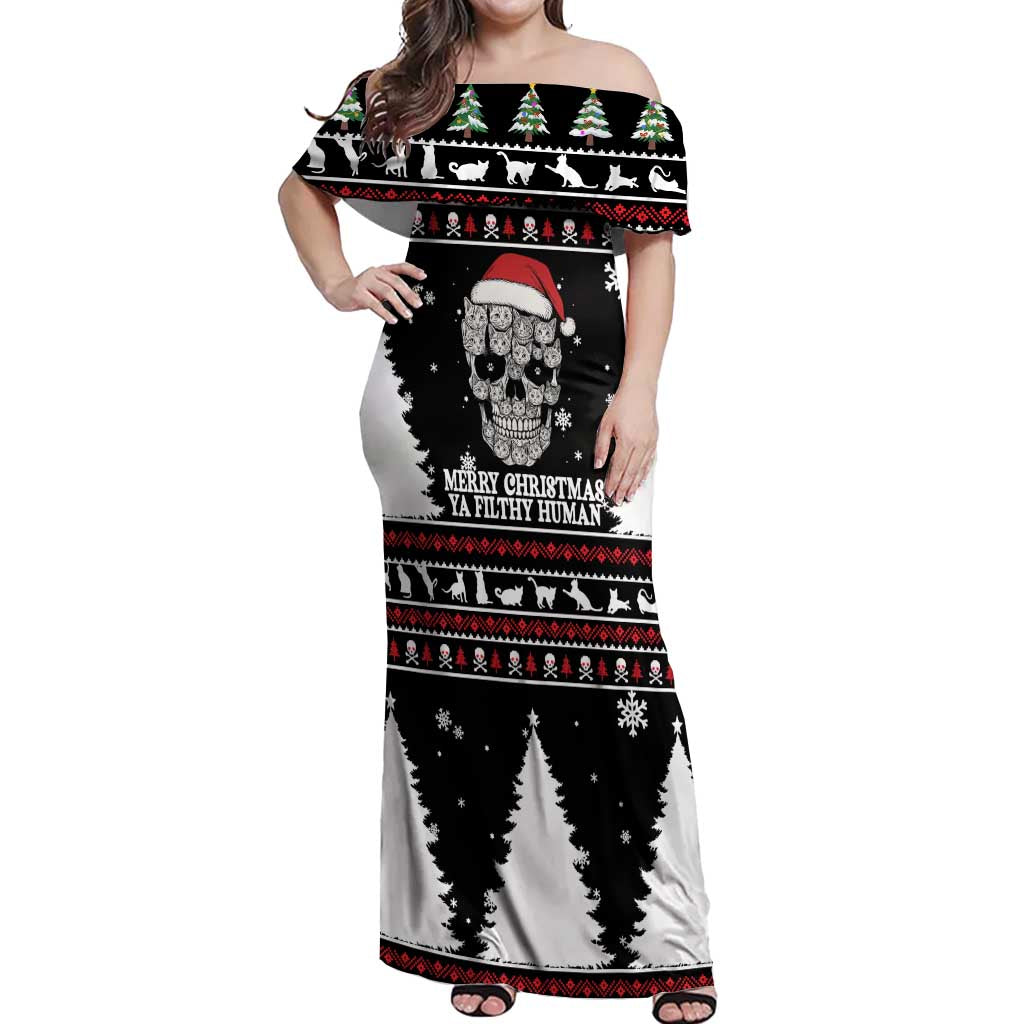 Cat Skull Santa Christmas Off Shoulder Maxi Dress Xmas Holiday Patterns - Wonder Print Shop