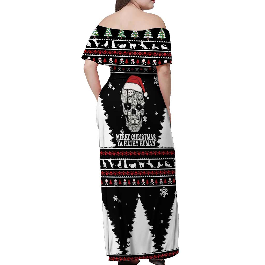 Cat Skull Santa Christmas Off Shoulder Maxi Dress Xmas Holiday Patterns - Wonder Print Shop