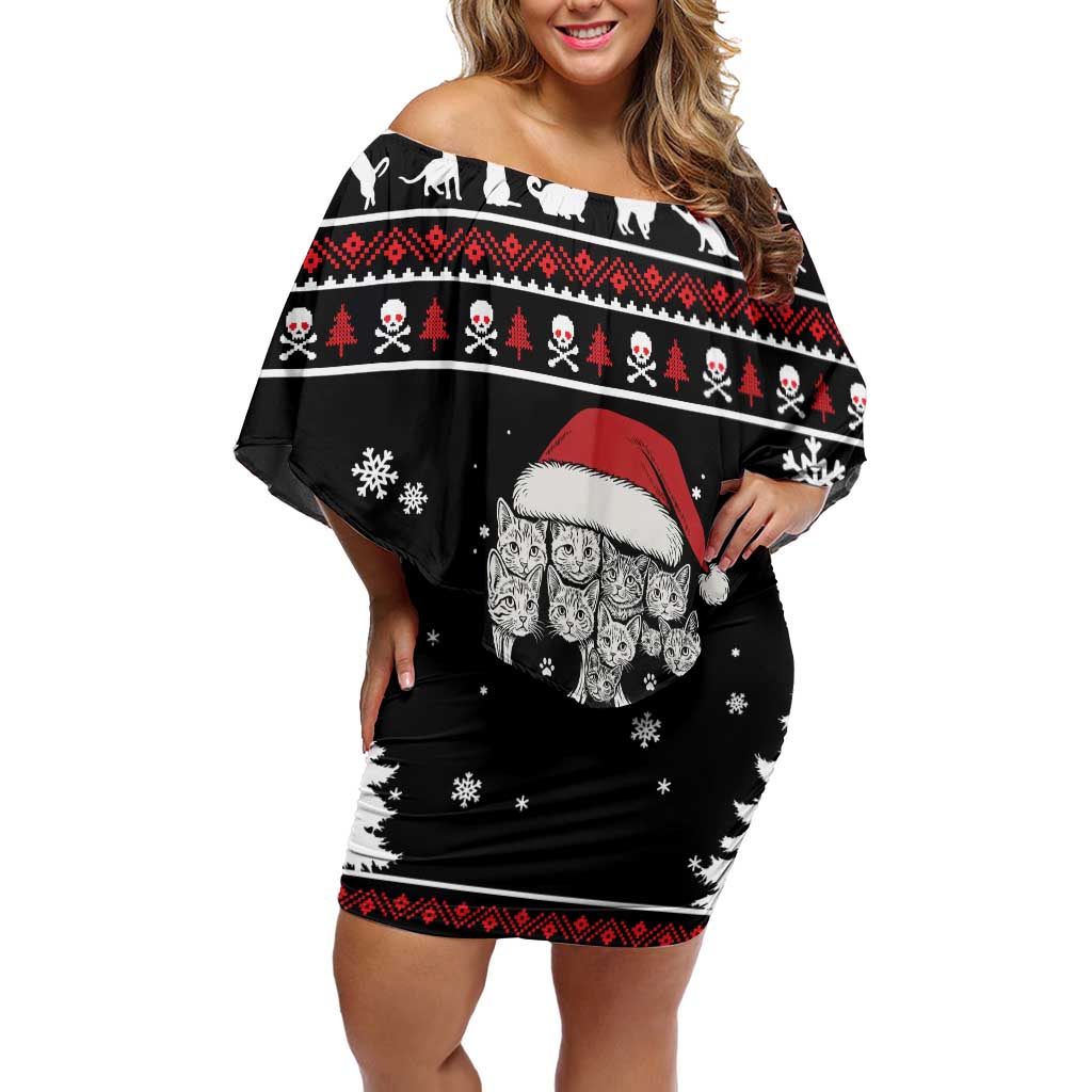Cat Skull Santa Christmas Off Shoulder Short Dress Xmas Holiday Patterns - Wonder Print Shop