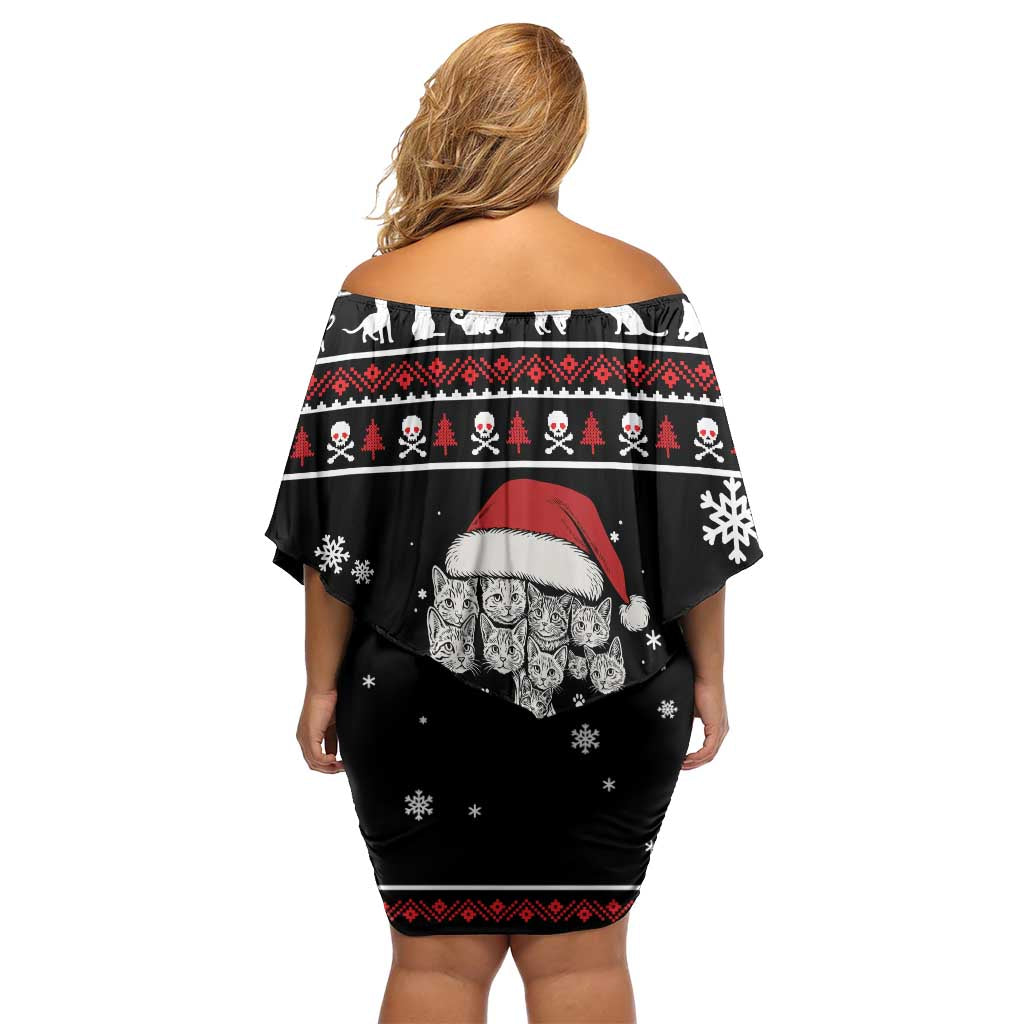 Cat Skull Santa Christmas Off Shoulder Short Dress Xmas Holiday Patterns - Wonder Print Shop