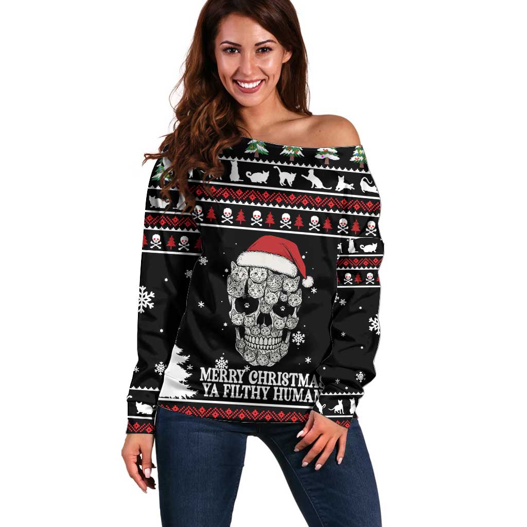 Cat Skull Santa Christmas Off Shoulder Sweater Xmas Holiday Patterns - Wonder Print Shop