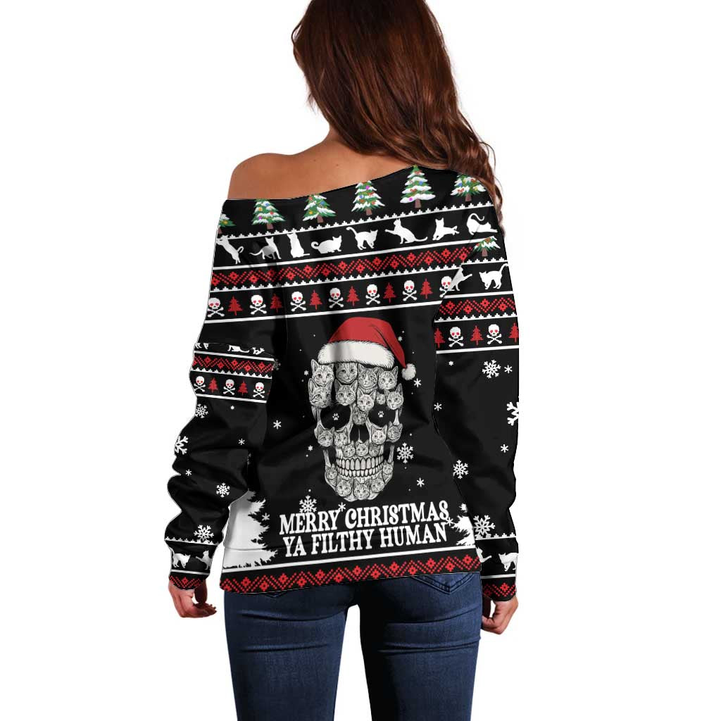 Cat Skull Santa Christmas Off Shoulder Sweater Xmas Holiday Patterns - Wonder Print Shop