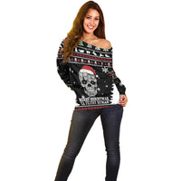 Cat Skull Santa Christmas Off Shoulder Sweater Xmas Holiday Patterns - Wonder Print Shop