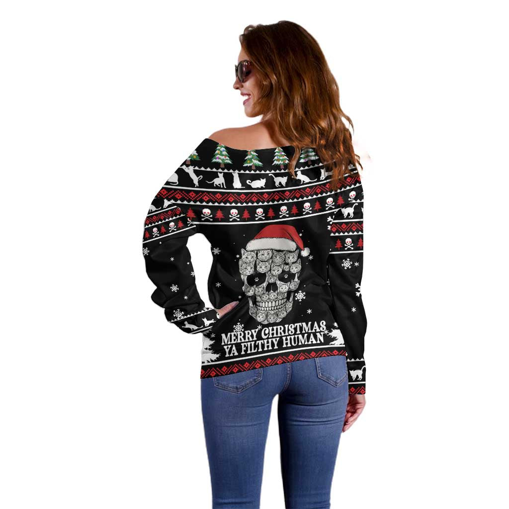 Cat Skull Santa Christmas Off Shoulder Sweater Xmas Holiday Patterns - Wonder Print Shop