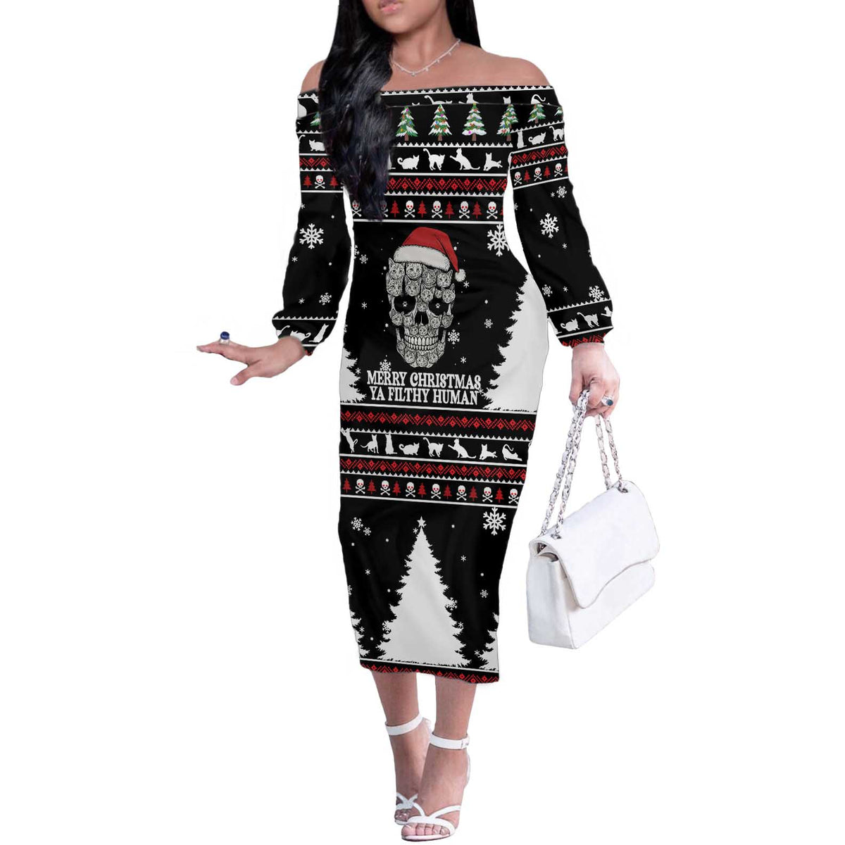 Cat Skull Santa Christmas Off The Shoulder Long Sleeve Dress Xmas Holiday Patterns - Wonder Print Shop
