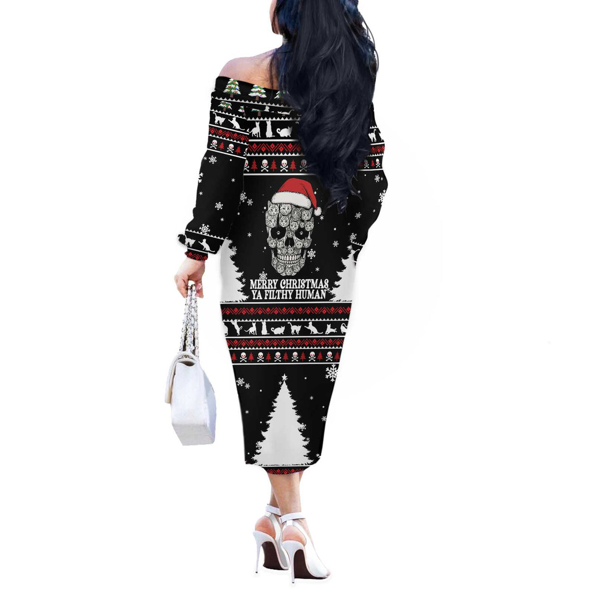 Cat Skull Santa Christmas Off The Shoulder Long Sleeve Dress Xmas Holiday Patterns - Wonder Print Shop