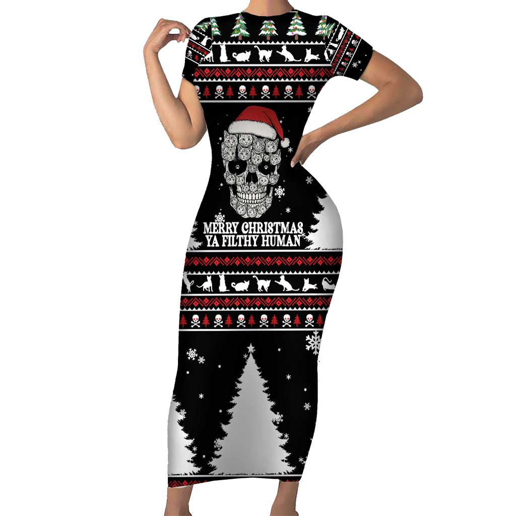 Cat Skull Santa Christmas Short Sleeve Bodycon Dress Xmas Holiday Patterns - Wonder Print Shop