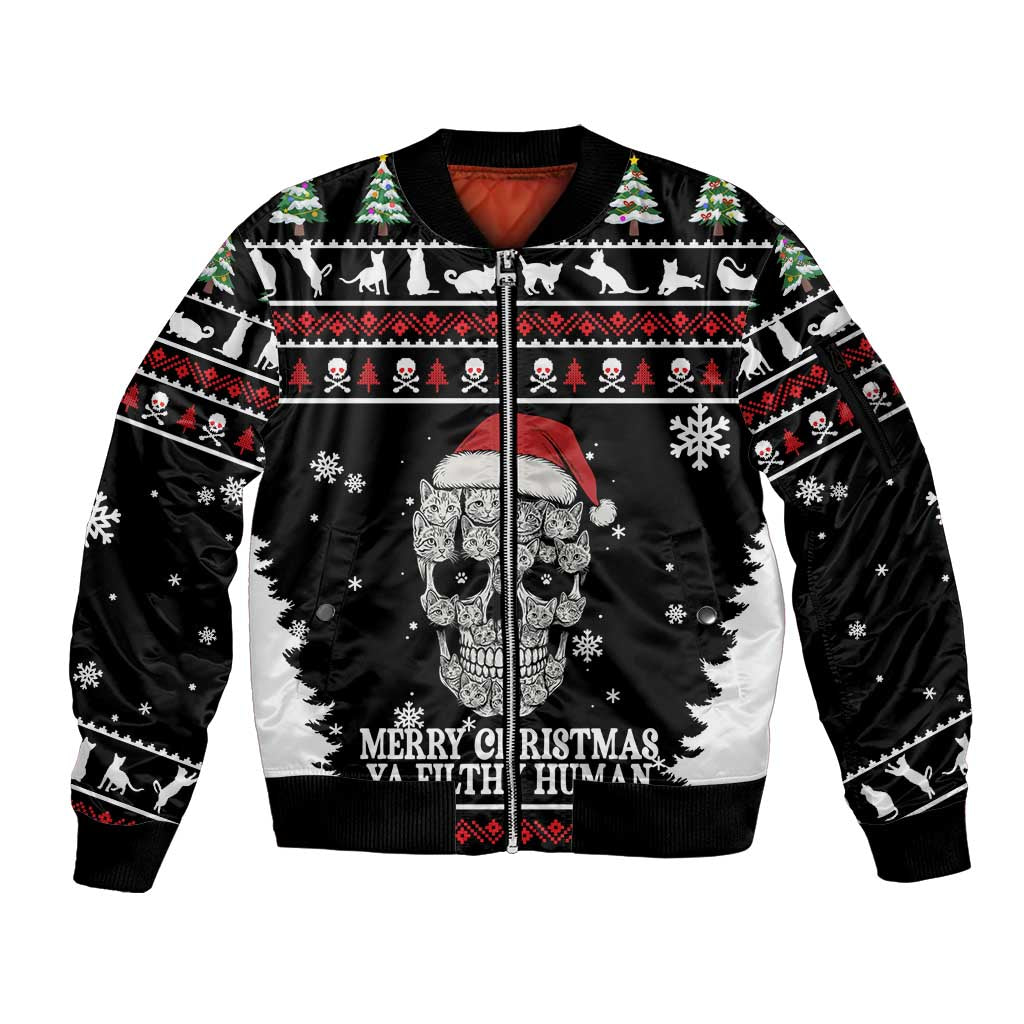Cat Skull Santa Christmas Sleeve Zip Bomber Jacket Xmas Holiday Patterns - Wonder Print Shop