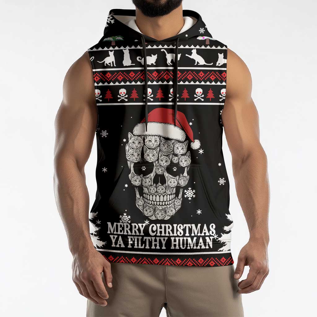 Cat Skull Santa Christmas Sleeveless Hoodie Xmas Holiday Patterns - Wonder Print Shop