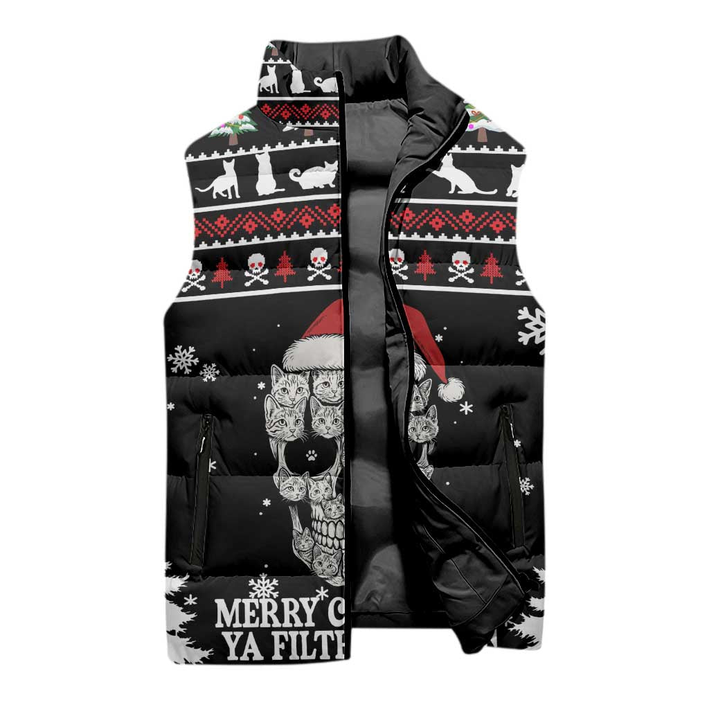 Cat Skull Santa Christmas Sleeveless Puffer Jacket Xmas Holiday Patterns - Wonder Print Shop