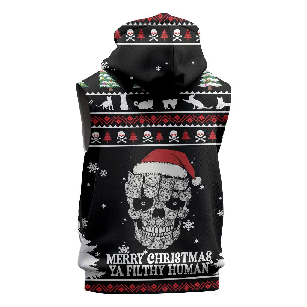 Cat Skull Santa Christmas Sleeveless Zip Hoodie Xmas Holiday Patterns - Wonder Print Shop