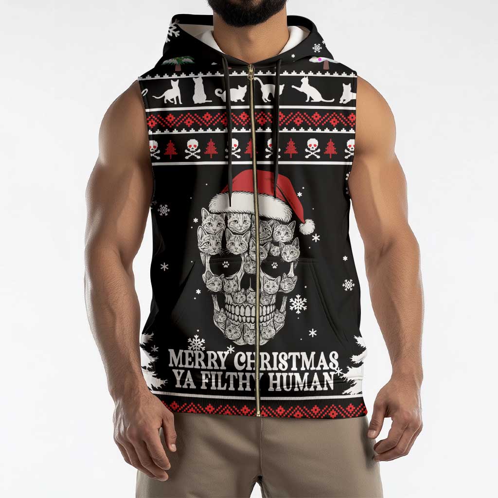 Cat Skull Santa Christmas Sleeveless Zip Hoodie Xmas Holiday Patterns - Wonder Print Shop