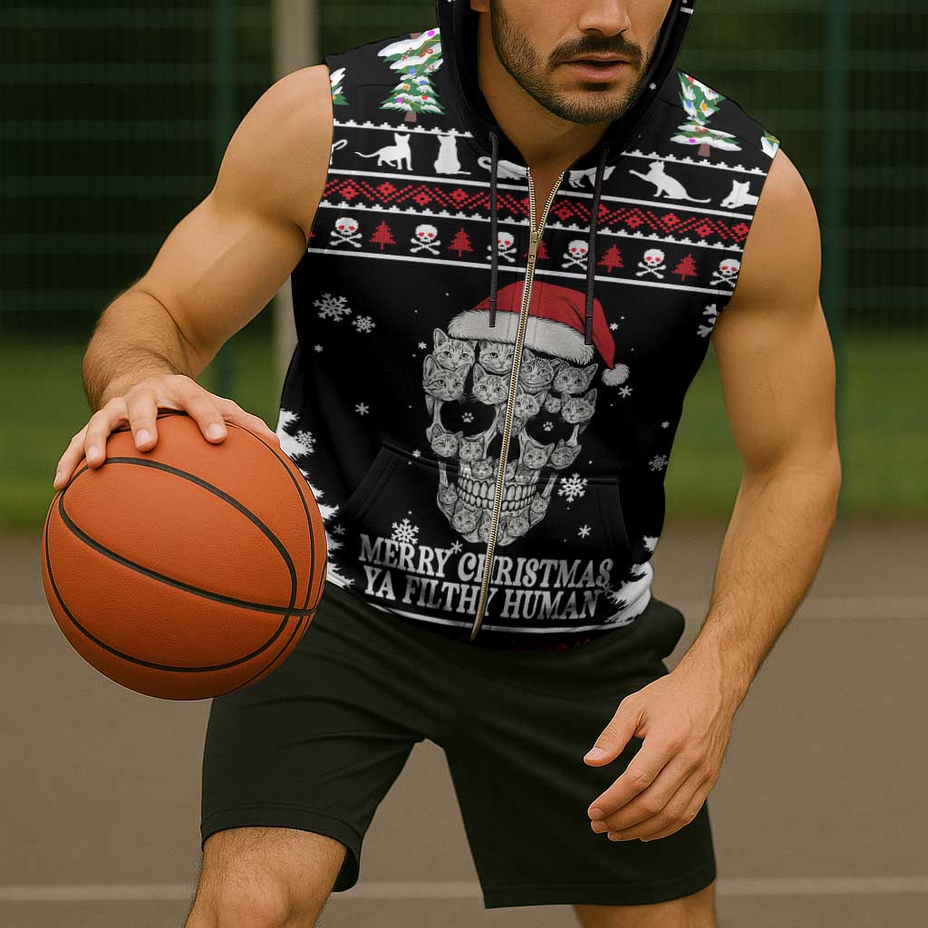 Cat Skull Santa Christmas Sleeveless Zip Hoodie Xmas Holiday Patterns - Wonder Print Shop
