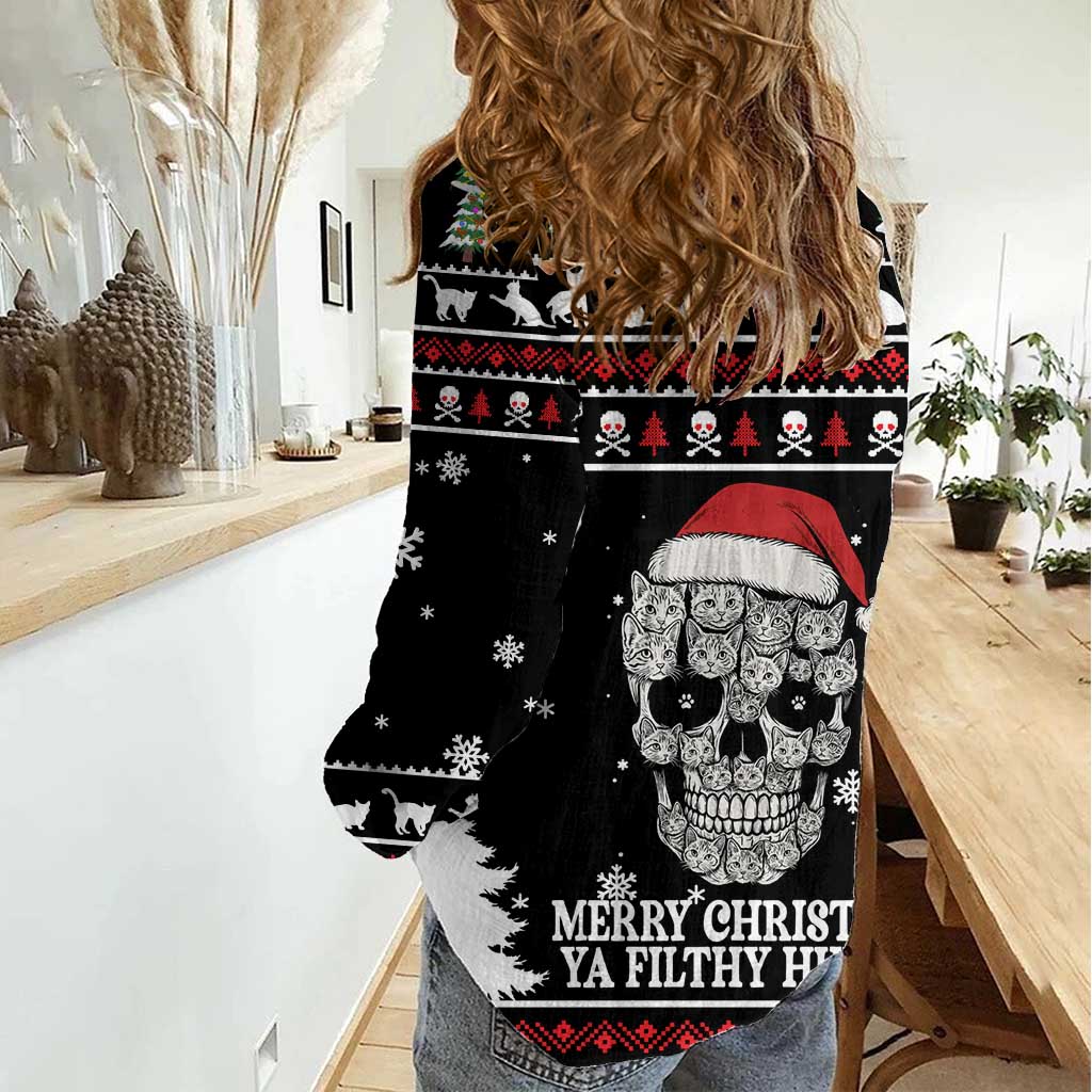 Cat Skull Santa Christmas Women Casual Shirt Xmas Holiday Patterns - Wonder Print Shop