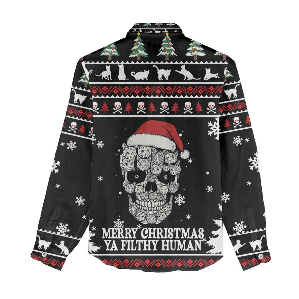 Cat Skull Santa Christmas Women Casual Shirt Xmas Holiday Patterns - Wonder Print Shop
