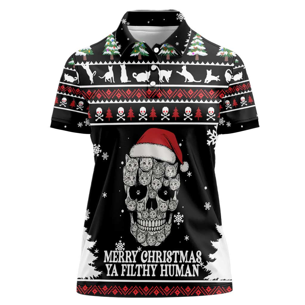 Cat Skull Santa Christmas Women Polo Shirt Xmas Holiday Patterns - Wonder Print Shop