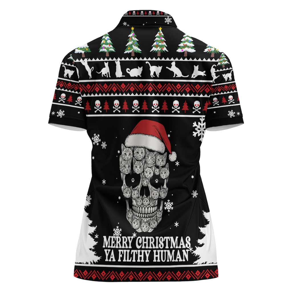 Cat Skull Santa Christmas Women Polo Shirt Xmas Holiday Patterns - Wonder Print Shop