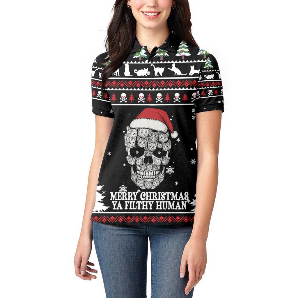 Cat Skull Santa Christmas Women Polo Shirt Xmas Holiday Patterns - Wonder Print Shop