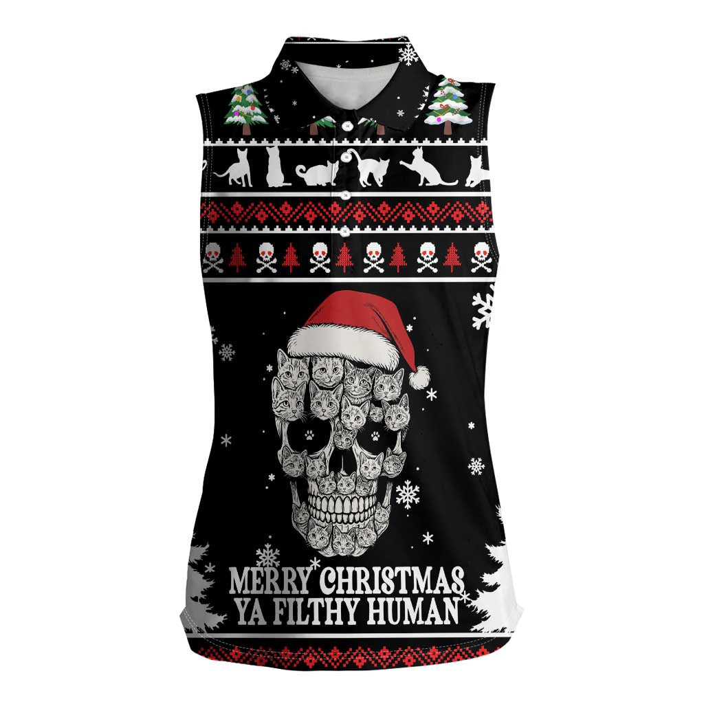 Cat Skull Santa Christmas Women Sleeveless Polo Shirt Xmas Holiday Patterns - Wonder Print Shop
